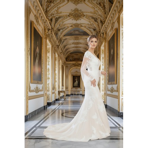 Mermaid Sequined Lace Appliqued Tulle Plunge V-Neck with Bishop Long Sleeves  Wedding Dress - LV-F6002