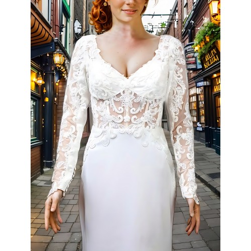 Crepe Beaded Floral Long Sleeves Fitted and Flare Wedding Dress with Sheer Lacy Train - LV-F6007