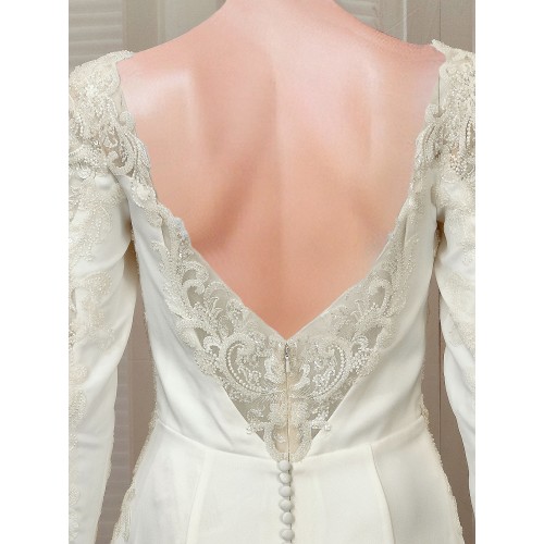 Crepe Beaded Floral Long Sleeves Fitted and Flare Wedding Dress with Sheer Lacy Train - LV-F6007