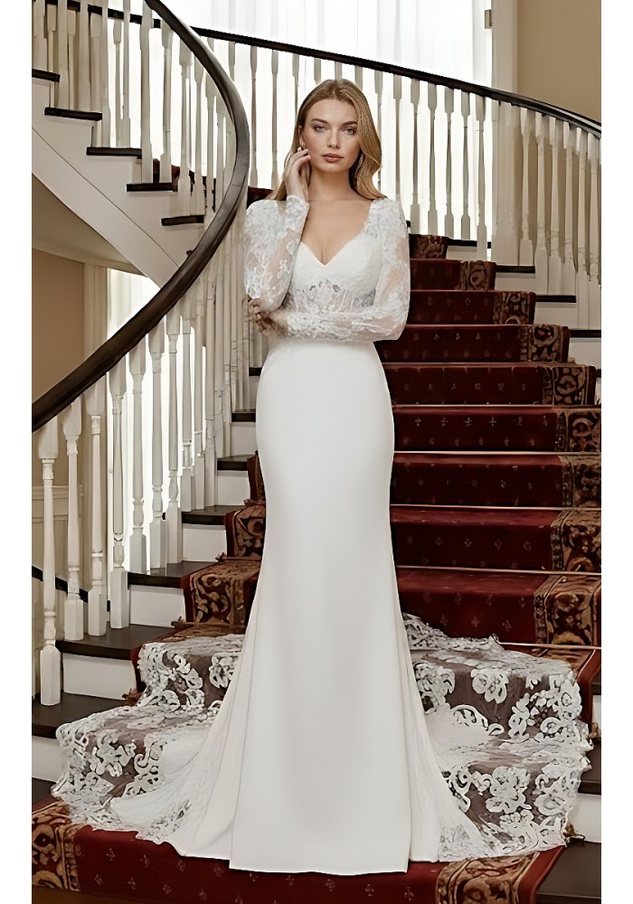 Crepe Beaded Floral Long Sleeves Fitted and Flare Wedding Dress with Sheer Lacy Train - LV-F6007
