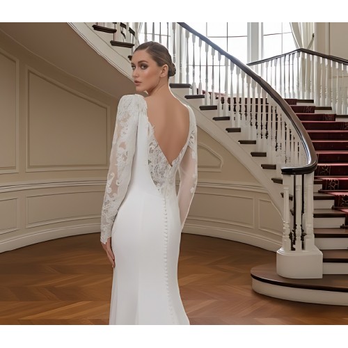 Crepe Beaded Floral Long Sleeves Fitted and Flare Wedding Dress with Sheer Lacy Train - LV-F6007