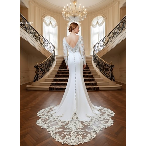 Crepe Beaded Floral Long Sleeves Fitted and Flare Wedding Dress with Sheer Lacy Train - LV-F6007