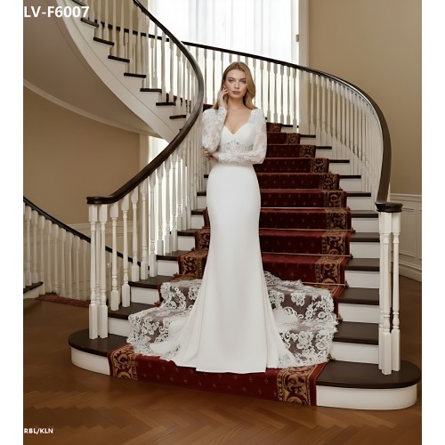 Crepe Beaded Floral Long Sleeves Fitted and Flare Wedding Dress with Sheer Lacy Train - LV-F6007