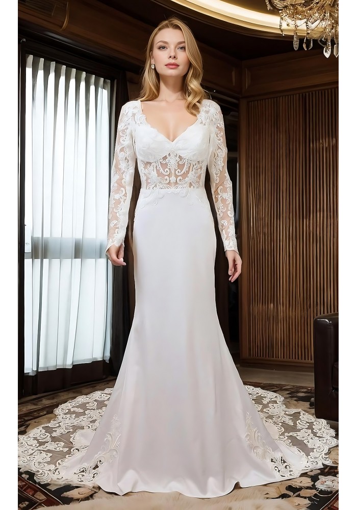 Crepe Beaded Floral Long Sleeves Fitted and Flare Wedding Dress with Sheer Lacy Train - LV-F6007