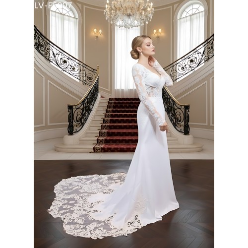 Crepe Beaded Floral Long Sleeves Fitted and Flare Wedding Dress with Sheer Lacy Train - LV-F6007