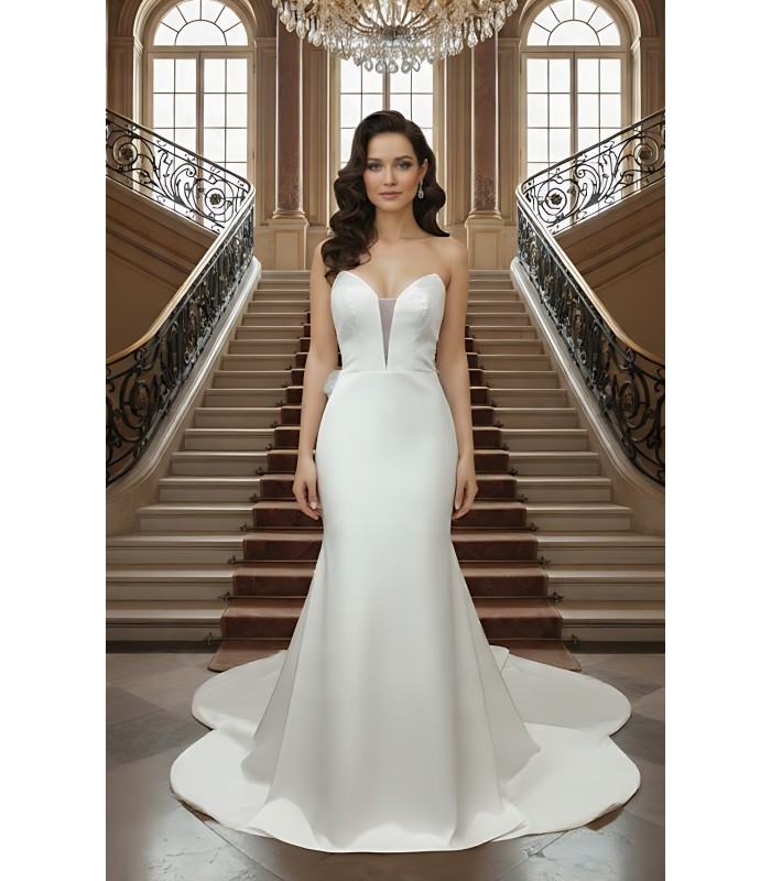 Fitted and Flair - Satin Wedding Dress with Detachable Bow and Overlay - LV-M1002