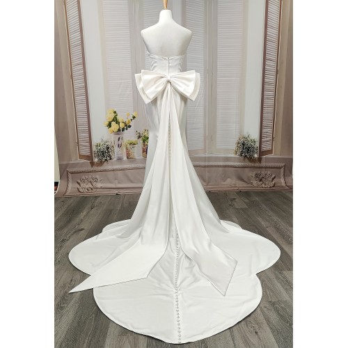 Fitted and Flair - Satin Wedding Dress with Detachable Bow and Overlay - LV-M1002