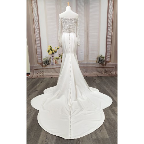 Fitted and Flair - Satin Wedding Dress with Detachable Bow and Overlay - LV-M1002