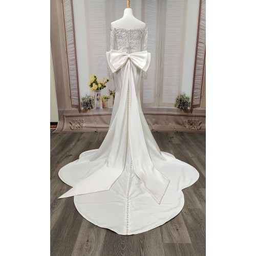 Fitted and Flair - Satin Wedding Dress with Detachable Bow and Overlay - LV-M1002