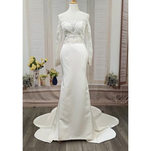 Fitted and Flair - Satin Wedding Dress with Detachable Bow and Overlay - LV-M1002