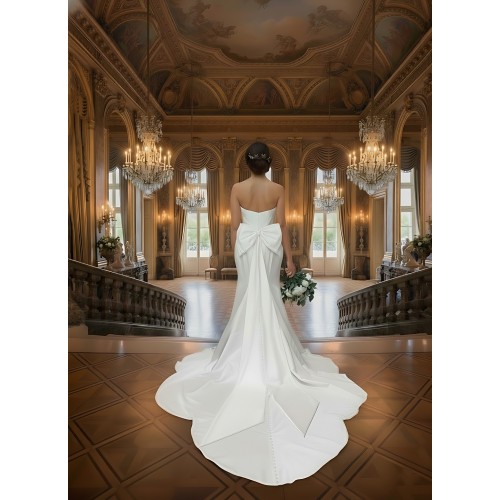 Fitted and Flair - Satin Wedding Dress with Detachable Bow and Overlay - LV-M1002