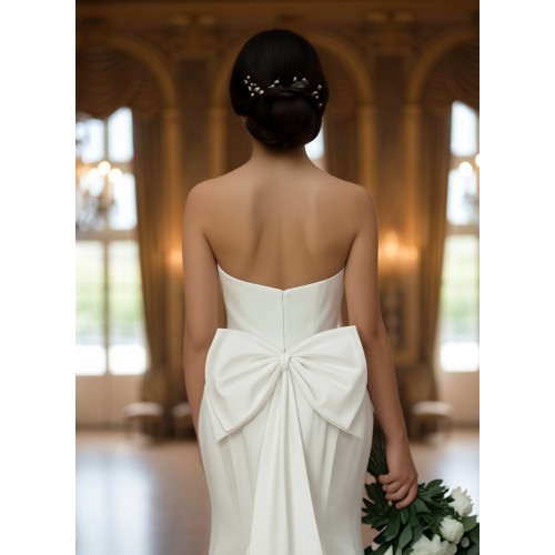 Fitted and Flair - Satin Wedding Dress with Detachable Bow and Overlay - LV-M1002
