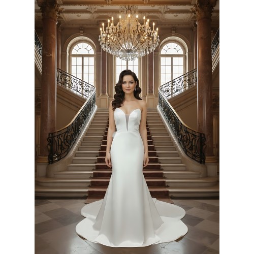 Fitted and Flair - Satin Wedding Dress with Detachable Bow and Overlay - LV-M1002