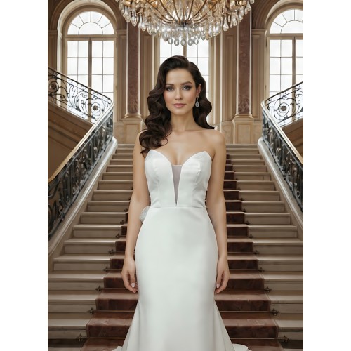 Fitted and Flair - Satin Wedding Dress with Detachable Bow and Overlay - LV-M1002