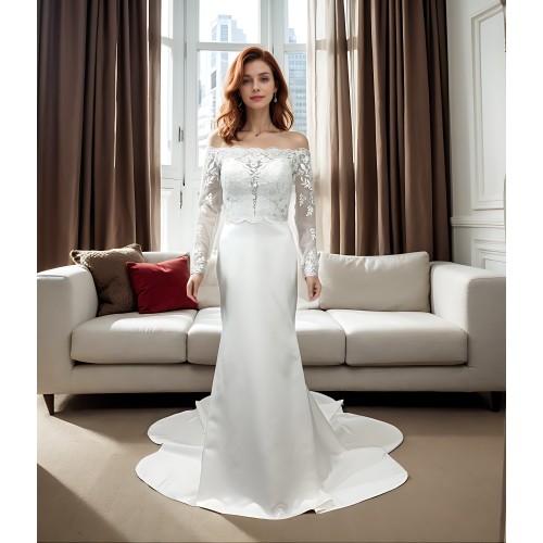 Fitted and Flair - Satin Wedding Dress with Detachable Bow and Overlay - LV-M1002