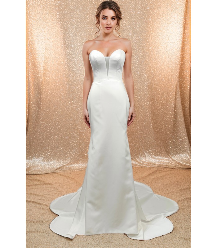 Fitted and Flair - Satin Wedding Dress with Detachable Bow and Overlay - LV-M1002