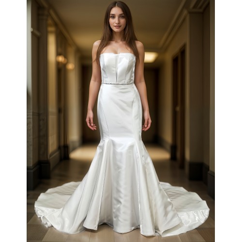 Glossy Satin Sleeveless Plunge V Mermaid Wedding Dress with Detachable Balloon Sleeves - LV-M1003