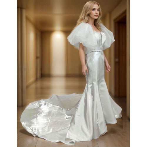 Glossy Satin Sleeveless Plunge V Mermaid Wedding Dress with Detachable Balloon Sleeves - LV-M1003