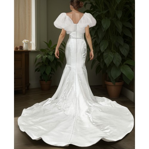 Glossy Satin Sleeveless Plunge V Mermaid Wedding Dress with Detachable Balloon Sleeves - LV-M1003