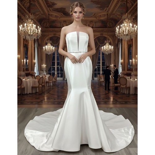 Glossy Satin Sleeveless Plunge V Mermaid Wedding Dress with Detachable Balloon Sleeves - LV-M1003
