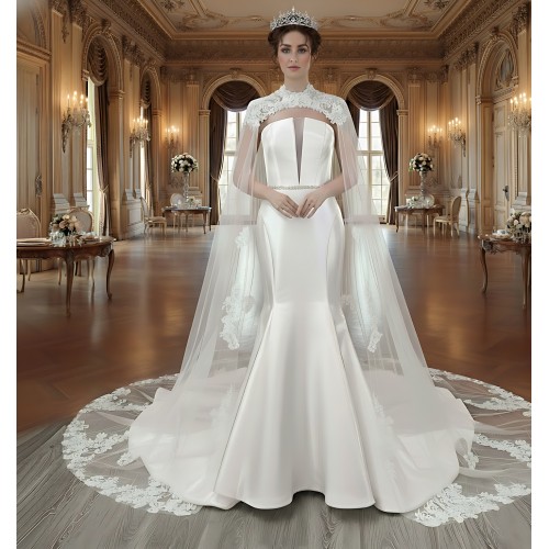Glossy Satin Sleeveless Plunge V Mermaid Wedding Dress with Detachable Balloon Sleeves - LV-M1003
