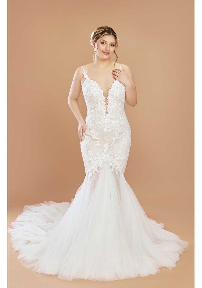 Mermaid Sequined Floral Lace Appliqued Tulle with Floral Spaghetti Straps Plunge V-Neck Wedding Dress - LV-M2001