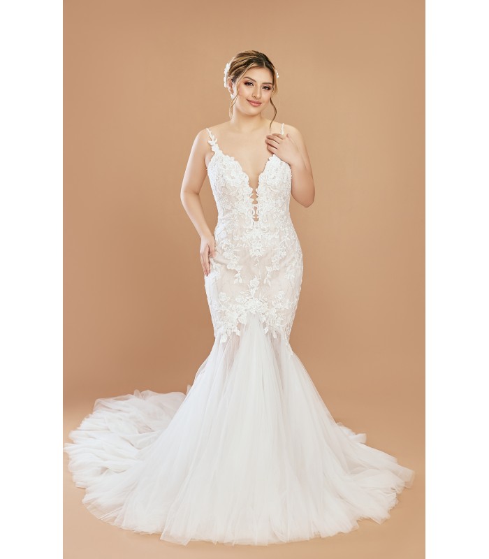 Mermaid Plunge V-Neck Sequined Floral Lace Appliqued Tulle Wedding Dress - LV-M2001