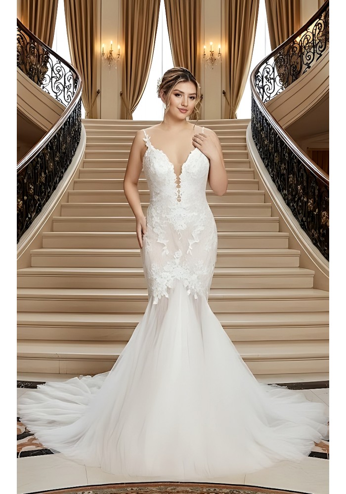 Mermaid Plunge V-Neck Sequined Floral Lace Appliqued Tulle Wedding Dress - LV-M2001