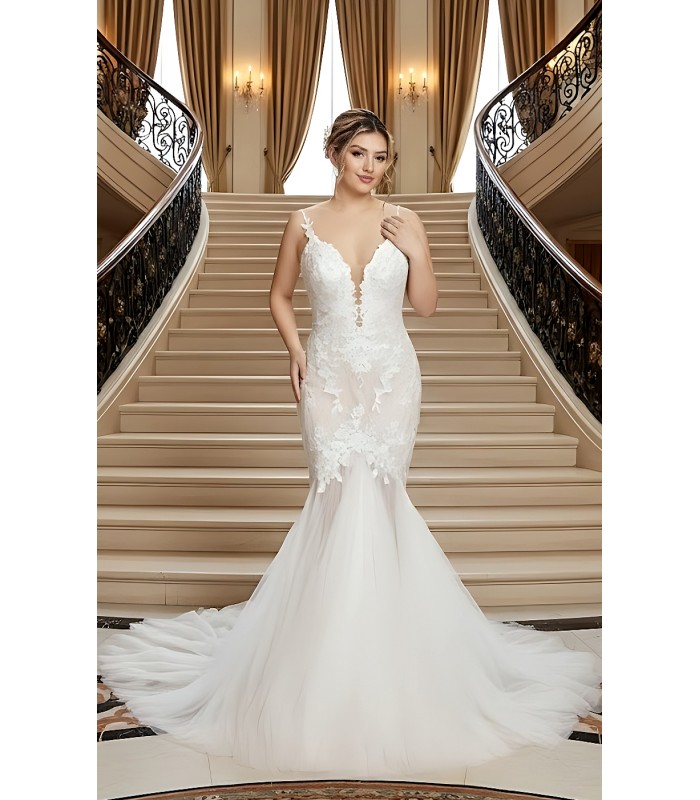 Mermaid Plunge V-Neck Sequined Floral Lace Appliqued Tulle Wedding Dress - LV-M2001