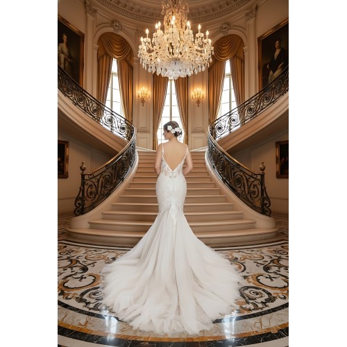 Mermaid Plunge V-Neck Sequined Floral Lace Appliqued Tulle Wedding Dress - LV-M2001