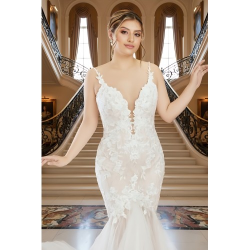 Mermaid Plunge V-Neck Sequined Floral Lace Appliqued Tulle Wedding Dress - LV-M2001