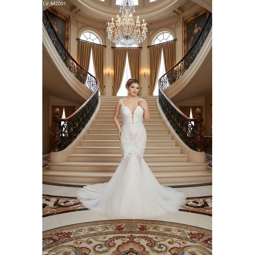 Mermaid Plunge V-Neck Sequined Floral Lace Appliqued Tulle Wedding Dress - LV-M2001