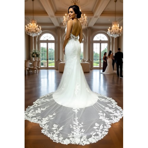 Luxury Beaded Floral Lace Mermaid Gown with Spaghetti Straps, Plunging V-Neck, and Dramatic Low Back - LV-M2004