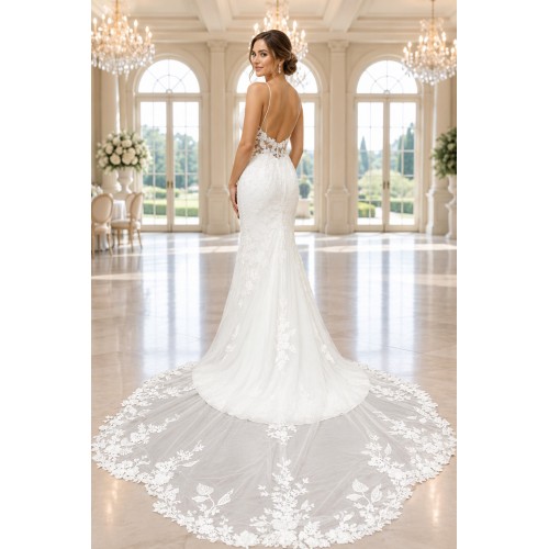 Luxury Beaded Floral Lace Mermaid Gown with Spaghetti Straps, Plunging V-Neck, and Dramatic Low Back - LV-M2004 Luxury Beaded Floral Lace Mermaid Gown with Spaghetti Straps, Plunging V-Neck, and Dramatic Low Back - LV-M2004