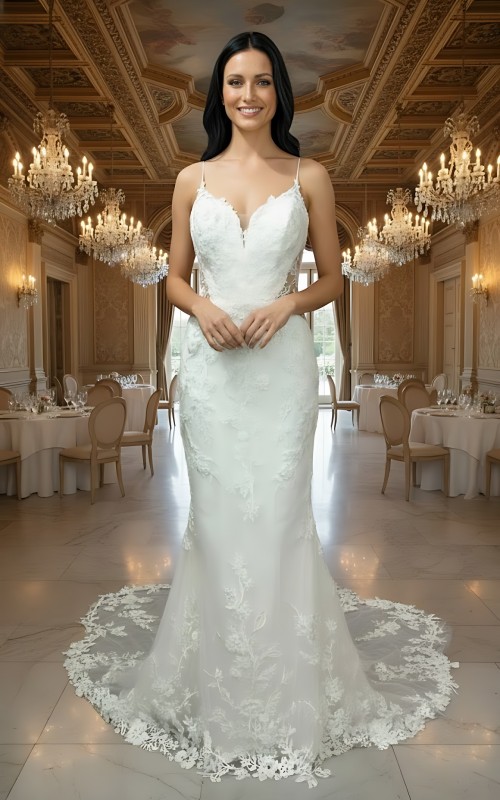 Luxury Beaded Floral Lace Mermaid Gown with Spaghetti Straps, Plunging V-Neck, and Dramatic Low Back - LV-M2004