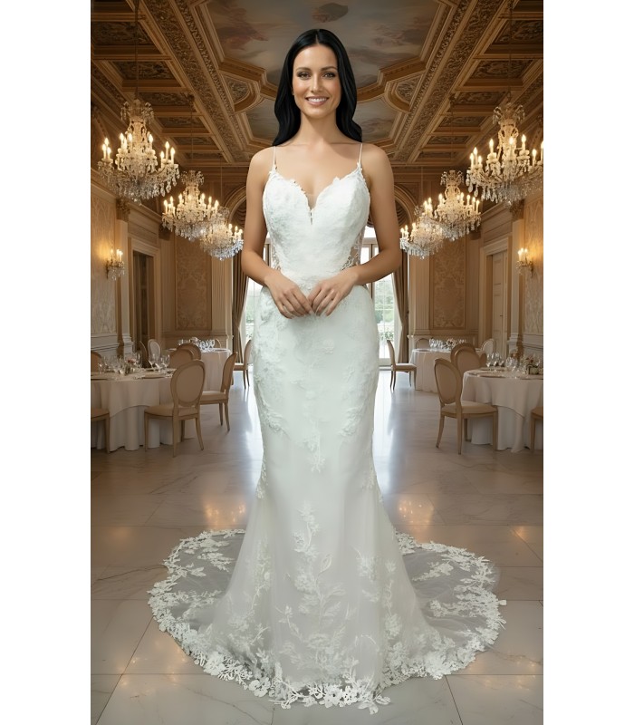 Luxury Beaded Floral Lace Mermaid Gown with Spaghetti Straps, Plunging V-Neck, and Dramatic Low Back - LV-M2004