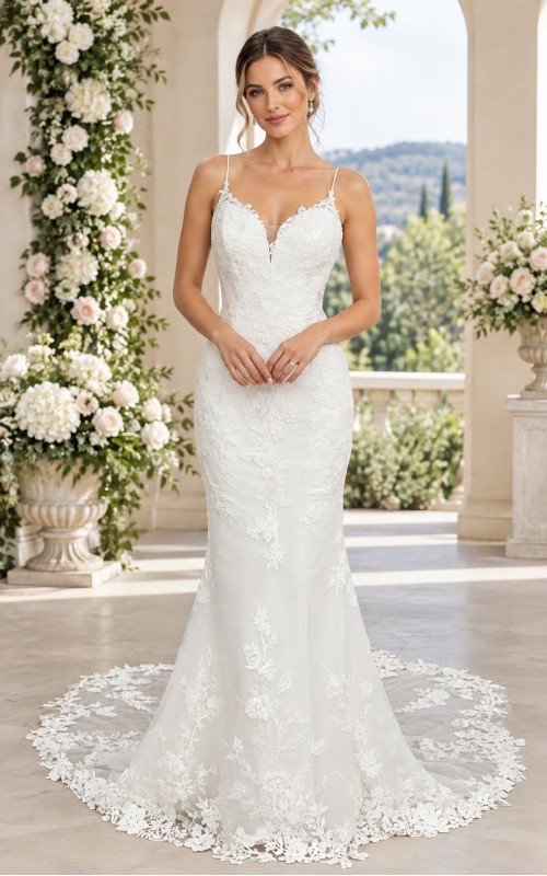 Luxury Beaded Floral Lace Mermaid Gown with Spaghetti Straps, Plunging V-Neck, and Dramatic Low Back - LV-M2004
