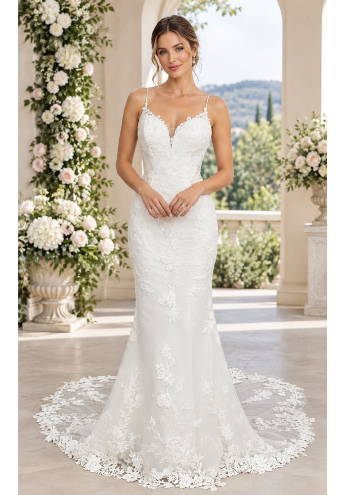 Luxury Beaded Floral Lace Mermaid Gown with Spaghetti Straps, Plunging V-Neck, and Dramatic Low Back - LV-M2004 Luxury Beaded Floral Lace Mermaid Gown with Spaghetti Straps, Plunging V-Neck, and Dramatic Low Back - LV-M2004