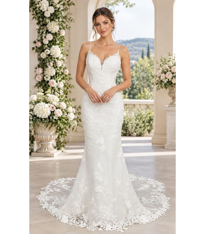 Luxury Beaded Floral Lace Mermaid Gown with Spaghetti Straps, Plunging V-Neck, and Dramatic Low Back - LV-M2004 Luxury Beaded Floral Lace Mermaid Gown with Spaghetti Straps, Plunging V-Neck, and Dramatic Low Back - LV-M2004