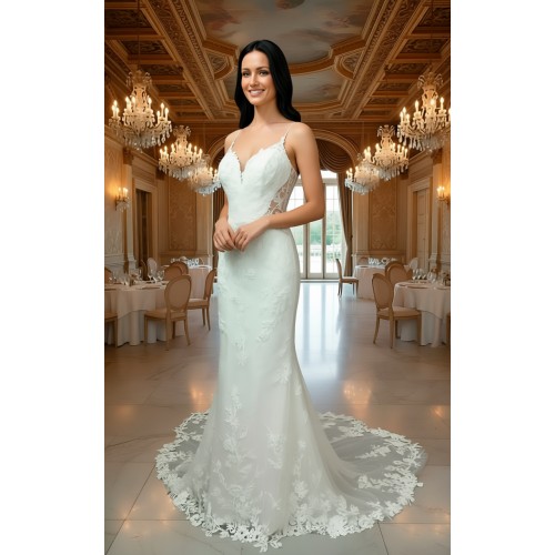 Luxury Beaded Floral Lace Mermaid Gown with Spaghetti Straps, Plunging V-Neck, and Dramatic Low Back - LV-M2004