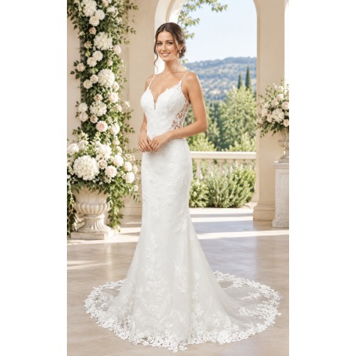 Luxury Beaded Floral Lace Mermaid Gown with Spaghetti Straps, Plunging V-Neck, and Dramatic Low Back - LV-M2004 Luxury Beaded Floral Lace Mermaid Gown with Spaghetti Straps, Plunging V-Neck, and Dramatic Low Back - LV-M2004