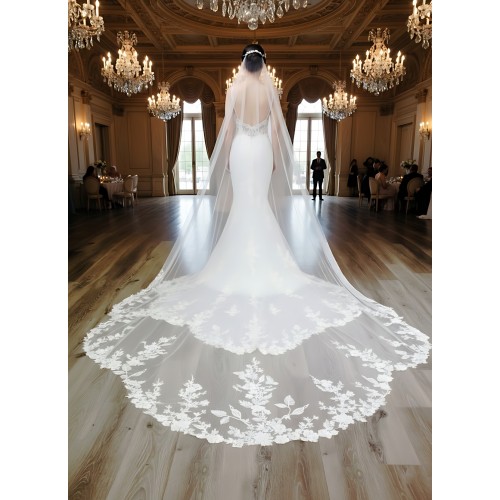 Luxury Beaded Floral Lace Mermaid Gown with Spaghetti Straps, Plunging V-Neck, and Dramatic Low Back - LV-M2004