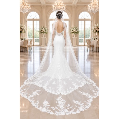 Luxury Beaded Floral Lace Mermaid Gown with Spaghetti Straps, Plunging V-Neck, and Dramatic Low Back - LV-M2004 Luxury Beaded Floral Lace Mermaid Gown with Spaghetti Straps, Plunging V-Neck, and Dramatic Low Back - LV-M2004