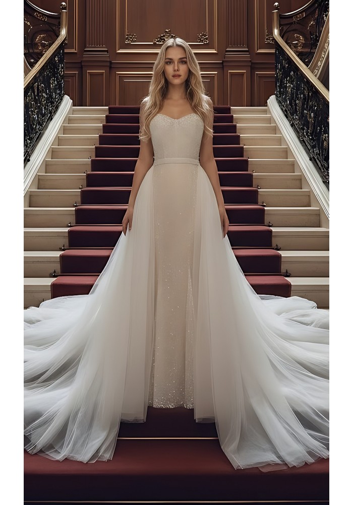 Mermaid - Heavy Beaded and Sequined Wedding Dress with Detachable Tulle Overskirt - LV-M3002OS