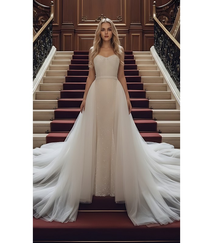 Mermaid - Heavy Beaded and Sequined Wedding Dress with Detachable Tulle Overskirt - LV-M3002OS