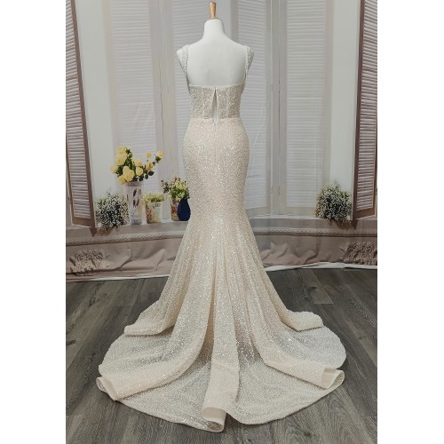 Mermaid - Heavy Beaded and Sequined Wedding Dress with Detachable Tulle Overskirt - LV-M3002OS