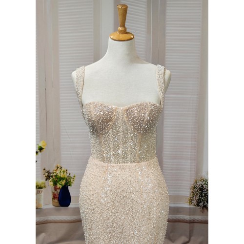 Mermaid - Heavy Beaded and Sequined Wedding Dress with Detachable Tulle Overskirt - LV-M3002OS