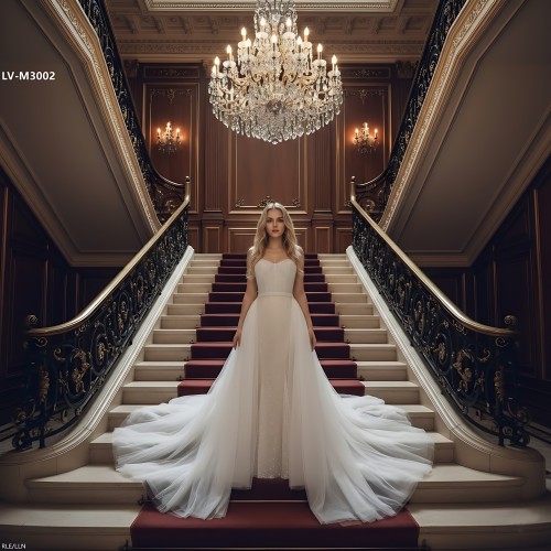 Mermaid - Heavy Beaded and Sequined Wedding Dress with Detachable Tulle Overskirt - LV-M3002OS