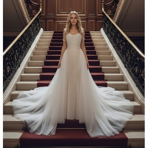 Mermaid - Heavy Beaded and Sequined Wedding Dress with Detachable Tulle Overskirt - LV-M3002OS