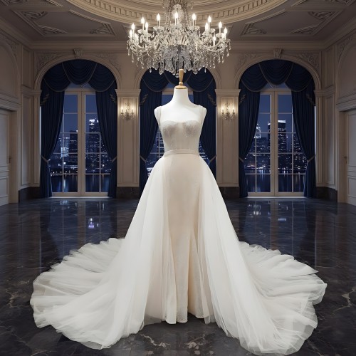 Mermaid - Heavy Beaded and Sequined Wedding Dress with Detachable Tulle Overskirt - LV-M3002OS